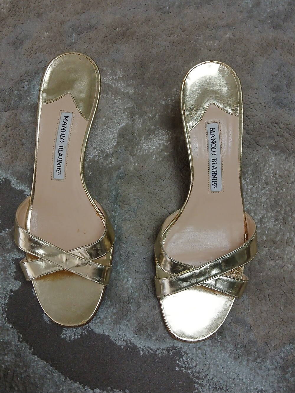 Manolo Blahnik Metallic Gold Crisscross Leather Mules
